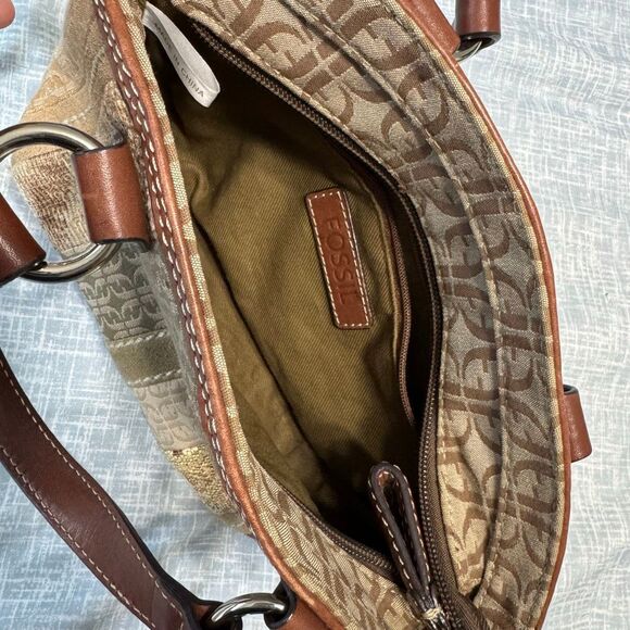 Vintage Fossil Canvas Leather Striped Patchwork Handbag - Picture 3 of 5